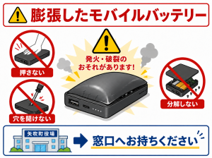 膨張したモバイルバッテリーは押さず、穴を開けず、分解せず、矢吹町役場の窓口へ持ち込むことを案内する画像